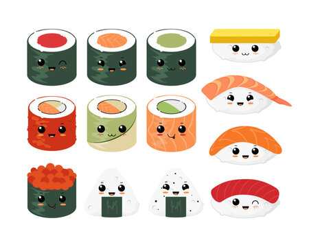 Set of kawaii sushi rolls in flat design