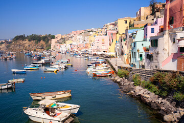 Fototapeta na wymiar Procida island colorful town with harbor at summer, Italy,