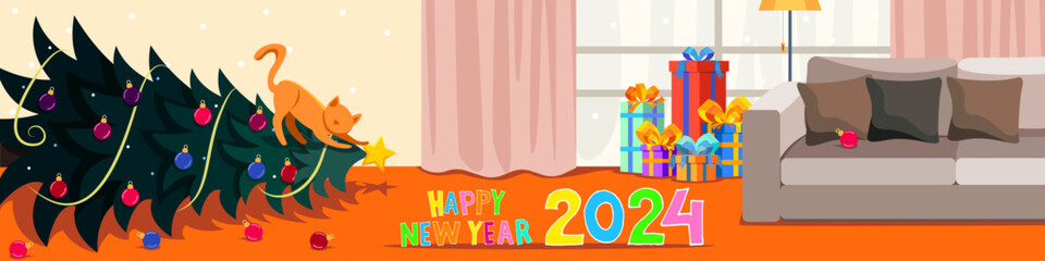 New Year illustration. The cat dropped the Christmas tree in a cozy interior. Happy New Year 2024.