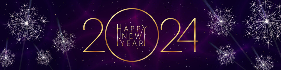 Happy New Year 2024. Festive banner in bright color with sparklers and golden numbers