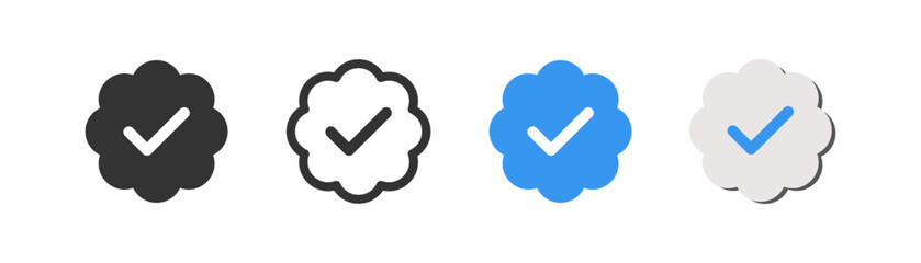 Blue tick in circle icon on light background. Chek mark, approved profile sign. Verified account concept. Social network. Verify, confirm sticker symbol. Outline, flat, and colored style.