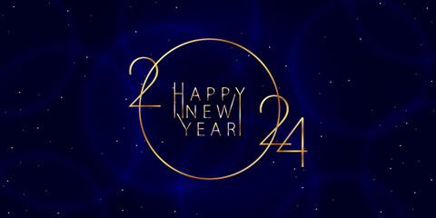 2024 Happy New Year background design. Golden inscription 2024 and Happy New Year on a dark blue background. Vector illustration