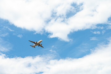 Fototapeta na wymiar landing plane on blue sky with clouds