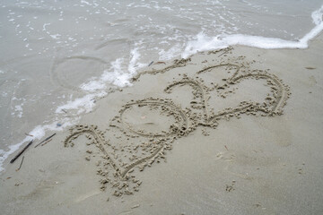 2023 year written in the sand, as 2022 getes washed away by the ocean waves on the beach