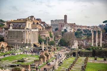 Fototapeta na wymiar Roman Forum, its ruins of different constructions of the time, in Rome