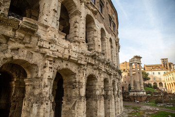 Marcelo Theater in Rome. Its construction with arches from Roman times