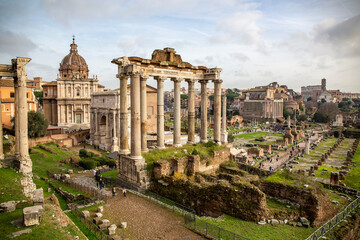 Fototapeta na wymiar Roman Forum, its ruins of different constructions of the time, in Rome