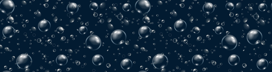 Seamless pattern soap bubbles on dark background. Blue water balls. Realistic vector background.