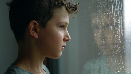Pensive child looking out window during rainy day. Thoughtful young boy standing by window