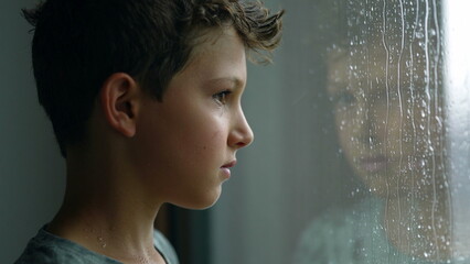 Pensive child looking out window during rainy day. Thoughtful young boy standing by window © Marco