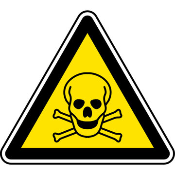 Black and yellow vector graphic warning of hazardous substances. It consists of a black skull and crossbones in a black triangle, with a yellow background