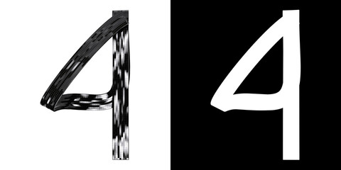 Number 4 made of ribbon with glossy black tiles, isolated on white with clipping mask, 3d rendering