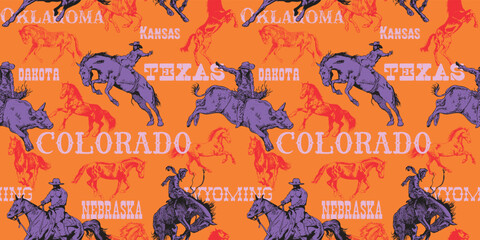 vector image of seamless texture wild west rodeo cowboys print on fabric paper	