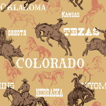 vector image of seamless texture wild west rodeo cowboys print on fabric paper	