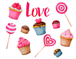 A set of cupcakes, sweets and the inscription LOVE. Collection of watercolor elements for design of cards, invitations, menus, logos, labels, tags. Cliparts for Valentine's Day, birthday, wedding.
