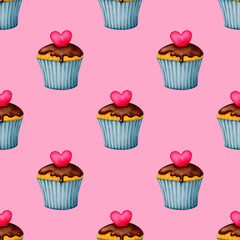 Seamless patern with cupcakes on a pink background. Watercolor design for Valentine's Day, Birthday, Wedding, Anniversary. Ideal for printing on packaging, wrapping, stationery, fabrics, textiles.
