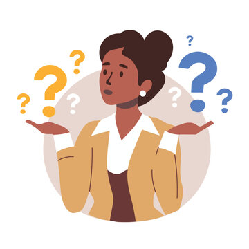 Make choice, decision concept. Puzzled business woman doubting, deciding, setting priorities. Questioned employee thinking, analyzing two options. Flat vector illustration isolated on white background