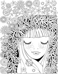 Girl in a knitted Fluffy hood. Pattern for coloring book. Winter snowflakes. Sketch. Warm clothes. Coloring book page for adult. Hand-drawn illustration. Zentangle patterns.	