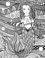 Cute mermaid. Little girl. Underwater Coloring book page for adult and children. Black and white vector.	