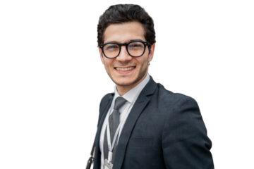 Portrait business man smiling showing teeth in office clothes transparent background.