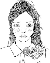 Young beautiful girl and flowers. Zentangle style. Black and white doodle coloring book page for adult and children.	