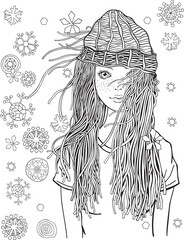 Cute Girl. Adult coloring book page. Winter snowflakes. Sketch. Hand-drawn vector illustration. Zentangle style.