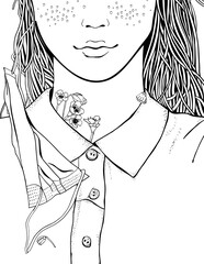 Girl and flowers in white medical face mask. Coloring book page. Novel coronavirus (2019-nCoV). Black and white Vector illustration.	