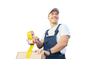 Employee courier company deliverer packaging of goods transparent background.