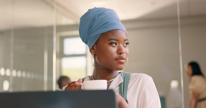 African woman, coffee and computer in office for thinking, idea or vision at marketing startup for focus. Black woman, start morning and tea by laptop for planning, schedule or ideas in modern office