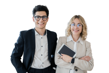 A team of formal attire, managers of a Man and a Woman glasses work on a transparent background.