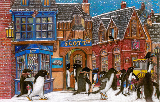penguins in city illustration