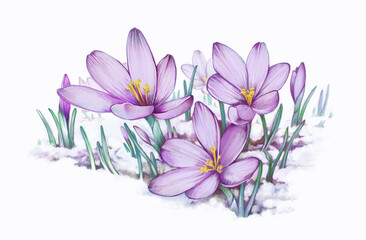 Krokus, krokusy, fioletowe kwiaty, wiosna, przebiśniegi, śnieg, kwiaty wyłaniające się ze śniegu - obrazy, fototapety, plakaty