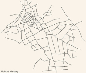 Detailed navigation black lines urban street roads map of the MOISCHT DISTRICT of the German town of MARBURG, Germany on vintage beige background
