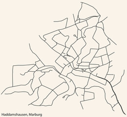 Detailed navigation black lines urban street roads map of the HADDAMSHAUSEN DISTRICT of the German town of MARBURG, Germany on vintage beige background