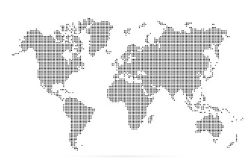 Fototapeta na wymiar World map with square dot. Black dotted squares world map isolated on white background. Pixels silhouette worldmap. Simple flat wallpaper. Planet halftone pattern for design print. Vector illustration