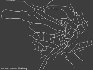 Detailed negative navigation white lines urban street roads map of the HERMERSHAUSEN DISTRICT of the German town of MARBURG, Germany on dark gray background