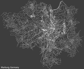 Detailed negative navigation white lines urban street roads map of the German town of MARBURG, GERMANY on dark gray background