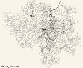 Fototapeta na wymiar Detailed navigation black lines urban street roads map of the German town of MARBURG, GERMANY on vintage beige background
