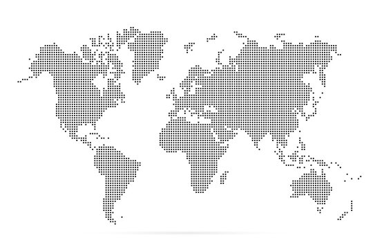World map with square dot. Black dotted squares world map isolated on white background. Pixels silhouette worldmap. Simple flat wallpaper. Planet halftone pattern for design print. Vector illustration