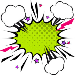 Fototapeta premium Retro comic design speech bubbles. Flash explosion with clouds, lightning, stars. Pop art vector elements.