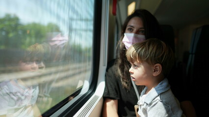 Mother and child riding train wearing covid-19 face mask2