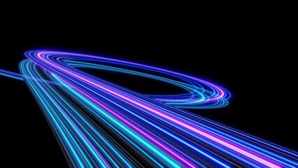3d Neon light effect glowing trails. Colorful Light motion speed background. Motion blur long time effect. Technology 5g design concept. Laser beam sparkling on dark scene. Fast moving to futuristic.