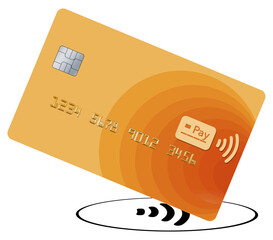 A tap to pay credit or debit card that is a mock generic version is seen being tapped on a tap to pay icon. This is a 3-d illustration on a transparent background.