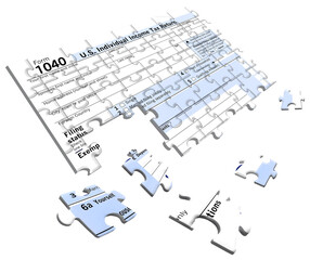 A U.S. Federal 1040 income tax form is seen as a jigsaw puzzle with pieces out of place in this image.