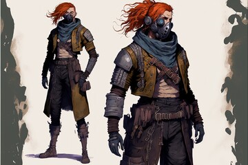 Fototapeta premium Man with gas mask and red hair, post apocalypse survivor. AI digital illustration