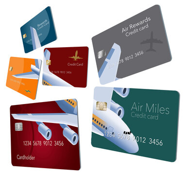 Six credit cards that offer air travel mileage rewards and perks are decorated with an image of an airplane that is seen from above flying high in the sky.