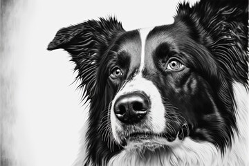 Dog face, Border collie, white background. AI digital illustration