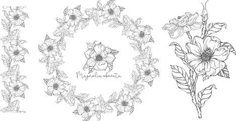 Black and white. White magnolia. Vector illustration. Botanical illustration. Flower Wreath