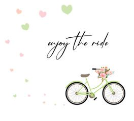 bicycle, hearts and enjoy the ride slogan; vector design with soft colors on white background