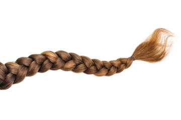 Female hair in the form of a braid on a white isolated background. Red hair braided closeup....
